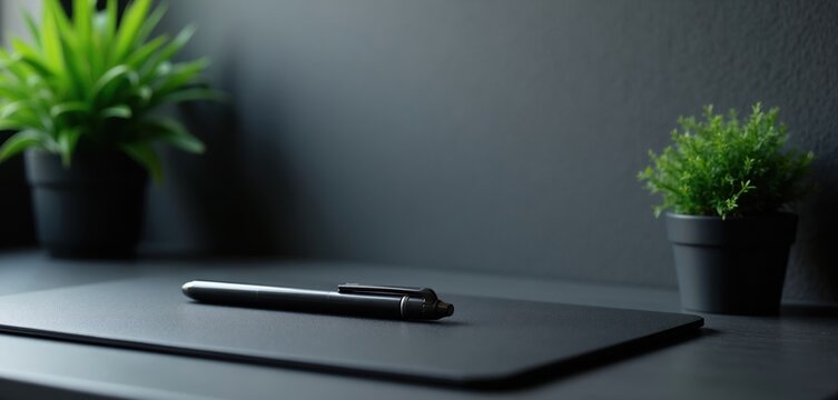 Dark modern desk setup. Black pad and pen rest near green potted plants. Clean surface, minimalist office style. Ready for work, notes or design projects.