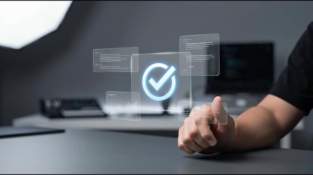 A human hand selects a glowing check mark icon on a digital interface in a modern workspace. Concept of approval and verification.