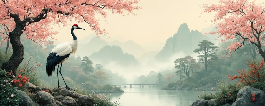 Elegant red crowned crane stands by tranquil water under pink blooming cherry tree. Misty mountains and forest form serene landscape with bridge.