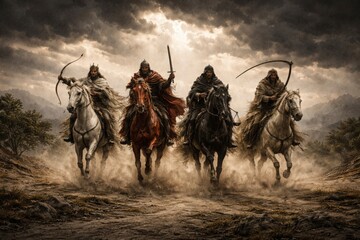 It is written in the Bible, in the chapter of Revelation. Four Horsemen of the Apocalypse ride across a windswept land beneath a dark sky, revealing judgment, urgency, and the unfolding weight of dest