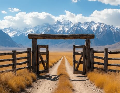 Wooden ranch gate opens to dirt road leading through golden field towards snow capped mountains. Sunny day, clear blue sky with clouds above vast natural landscape.