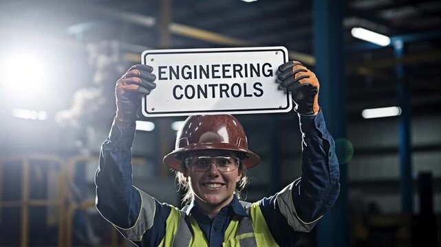 A professional woman in protective equipment presents an engineering controls message in a factory environment. Concept of hazard prevention and compliance.