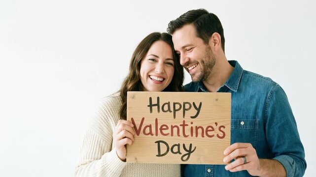A smiling white couple holds a happy valentine day sign while looking at each other against a light background. Concept of love and romantic celebration.