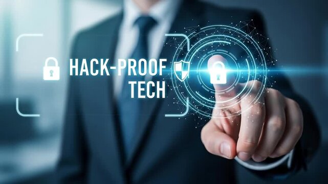 A professional white businessman presses a hack proof tech security interface on a digital screen. Concept of cybersecurity and data protection.