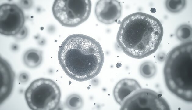 Microscopic view of aging cells showing fragmentation and cellular damage. Scientific research illustrates oxidative stress and decay at the cellular level.
