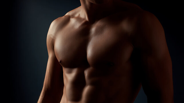 Strong athletic build of a male torso, showing toned muscles and definition, with dark and dramatic lighting highlighting the physique