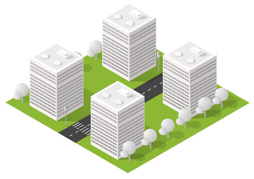 Isometric City Office Buildings Block With Road, Trees and Modern Business