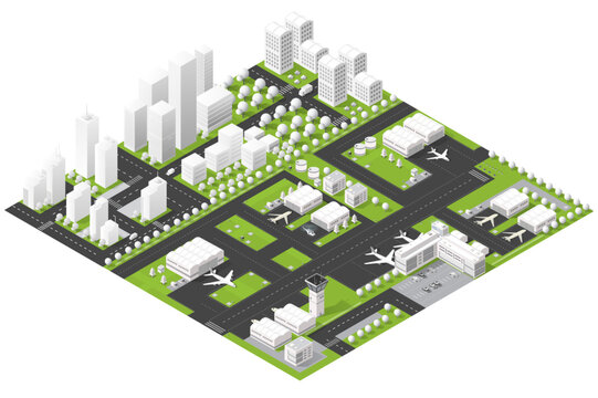Isometric illustration of an airport integrated into an urban city layout showing runways, terminals, control tower, airplanes, roads and surrounding buildings conveying transportation, logistics and 