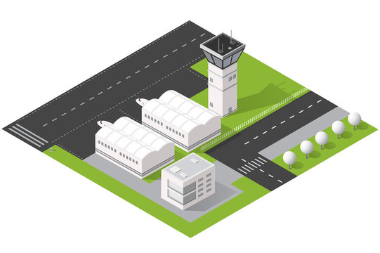 Isometric illustration of an airport complex featuring a control tower, twin hangars, runway intersection and terminal building on landscaped grounds, conveying aviation, transport and infrastructure 