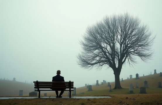 Man sits on bench in cemetery near bare tree. Gravestones dot foggy landscape. Solitude and reflection fill somber scene. Mood is quiet, thoughtful, peaceful.