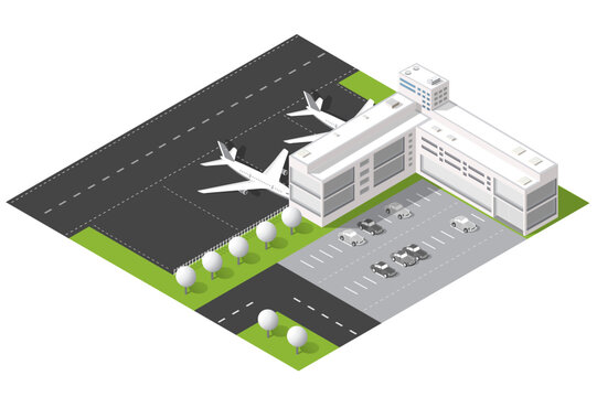 Isometric illustration of a modern airport terminal with commercial airplanes parked at gates, adjacent runway and passenger parking lot. Concept conveys aviation, travel, transportation, logistics an