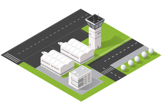 Isometric illustration of an airport complex featuring a control tower, twin hangars, runway intersection and terminal building on landscaped grounds, conveying aviation, transport and infrastructure 