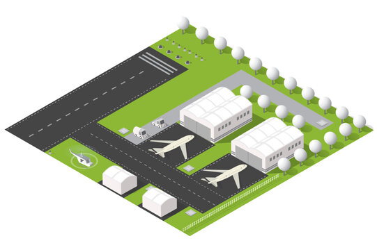 Isometric vector illustration of a small airport complex featuring two hangars, a parked airplane and helicopter, runways, fuel tanks and office buildings set in landscaped grounds for aviation and tr