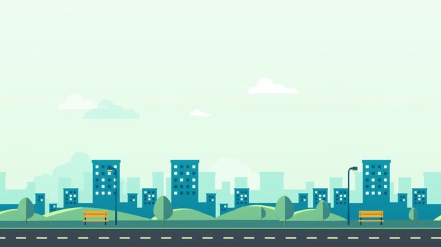 Minimalist flat vector city background with park and empty road.