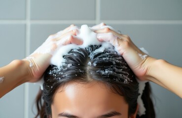 Naklejka premium Woman washes hair with shampoo foam in bathroom. Closeup hands massage scalp, create bubbles. Hygiene, clean, fresh, beauty care routine. Gentle lather on dark hair.