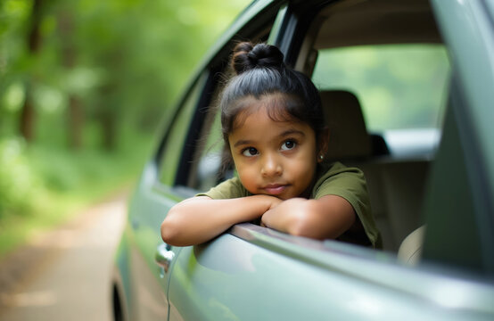 Young Indian girl looks out car window, resting chin on arms. Child enjoys a road trip adventure outdoors on a sunny day. She appears thoughtful and curious about the passing scenery.