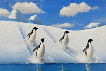 Fototapeta premium Penguins Sliding on Ice in a Snowy Landscape Under a Blue Sky With Clouds