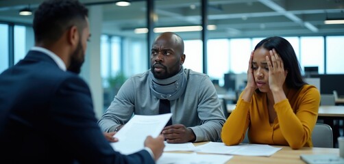 Fototapeta premium Attorney advises injured Black man with neck brace and worried woman. Couple consults legal counsel about accident claim in office. Frustration shows on faces.