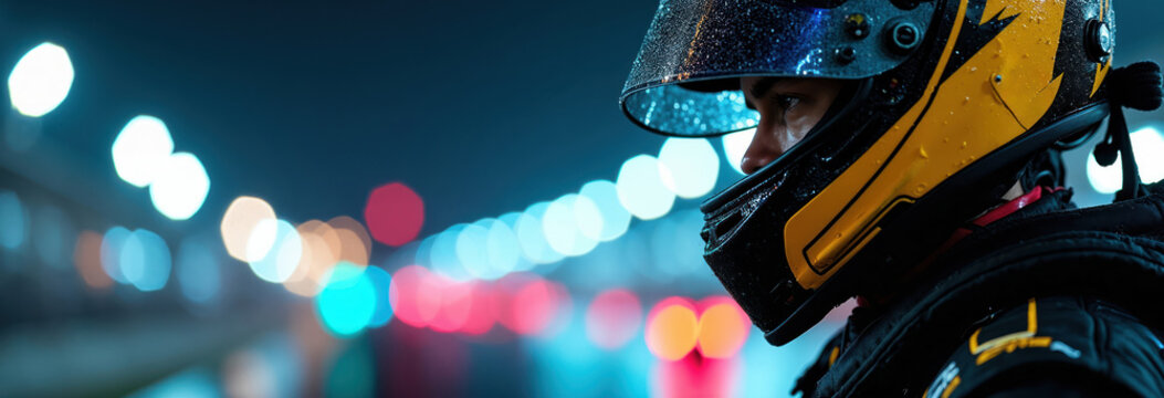 Race car driver in yellow black helmet with water drops stands on track at night. Blurred lights background bokeh create atmosphere of speed and competition.