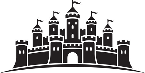 medieval castle with multiple towers and battlements white desi. black icon drawing vector © mst