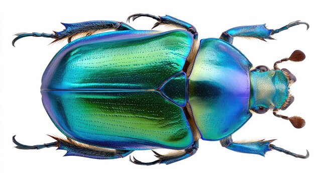 Vibrant iridescent beetle detailed close up on white background