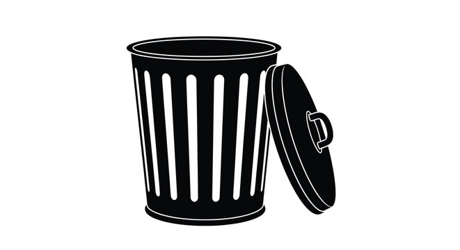 Black and white illustration of a trash can with an open lid