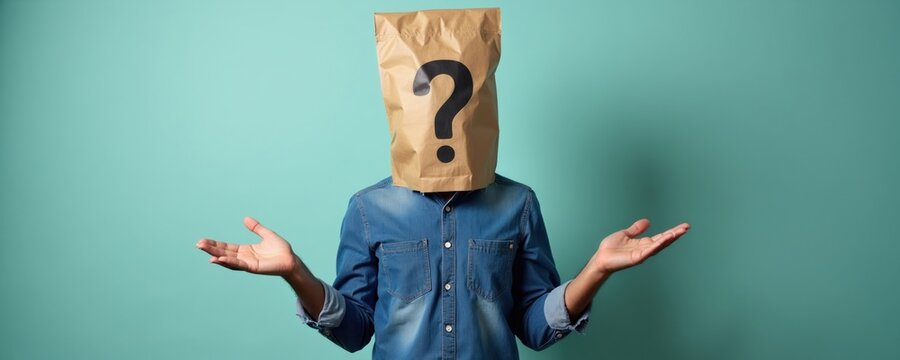 Person with paper bag over head and question mark symbol shrugs arms wide. This portrays confusion uncertainty and lack of knowledge. Represents inquiry doubt or mystery.