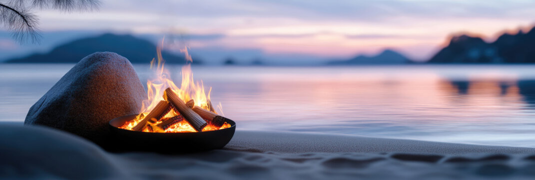 Bonfire blazing on a sandy shore during twilight, casting warm light on the calm water, creating a serene scene for midsummer festivities and traditions