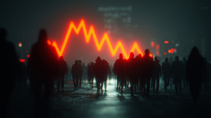 Fototapeta premium Silhouetted people walking beneath a falling market line illustrating economic uncertainty, financial decline, and public impact. 