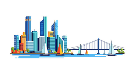 Obraz premium Vibrant city skyline with modern skyscrapers and bridge.
