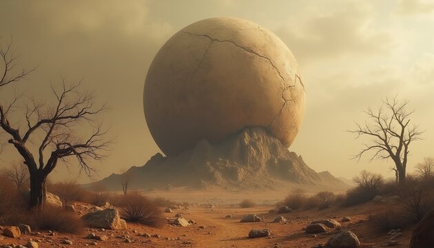 Giant cracked sphere rests on barren mountain peak in desolate dry desert landscape. Barren trees stand in sandy terrain under hazy sky. Represents planet crisis, ecological disaster, survival themes.