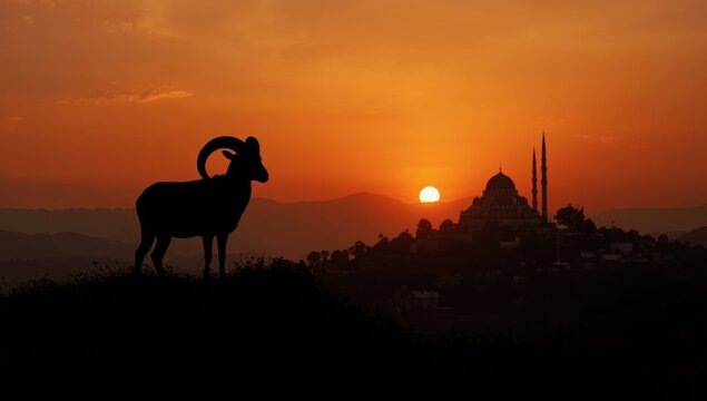 Silhouette of a majestic ram with a mosque and minarets against a vibrant orange sunset sky