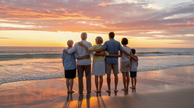 A loving multi generational family stands embraced on a beach enjoying a beautiful sunset over the ocean