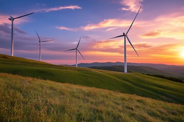 Obraz premium Wind Turbines Stand on Hills During Sunset With Colorful Clouds in the Sky