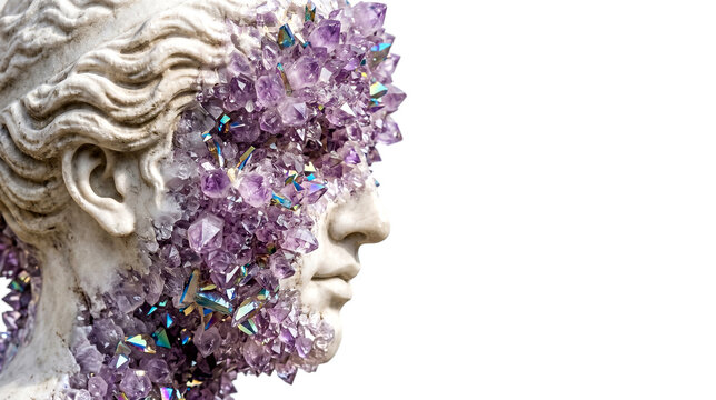 Close-up of a classical marble statue profile merging with purple amethyst crystals and iridescent shards on a white background with copy space for text. Surreal metamorphosis concept