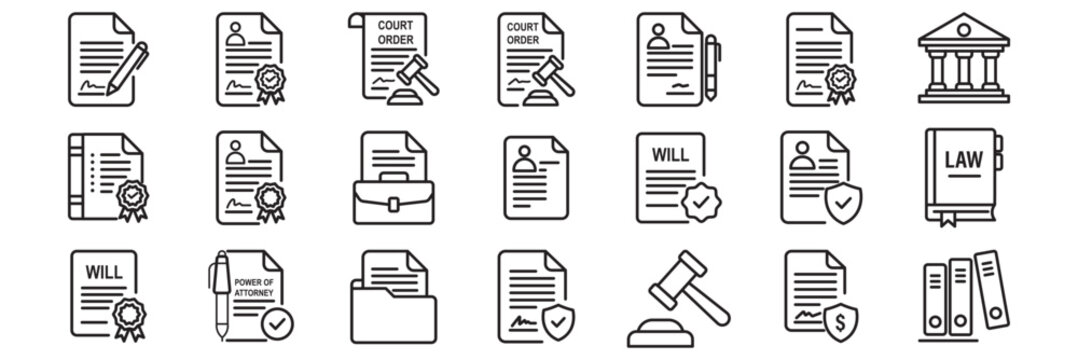 Legal documents icon set. Editable line icons. Vector illustration . Law and justice outline icon set with black line legal symbols for web and app vector illustration . 