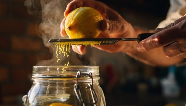Zesting a Lemon into a Jar - A Culinary Preparation.