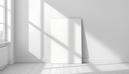 Obraz premium A blank white canvas frame leaning casually against a pristine white wall in a bright, sunlit room.