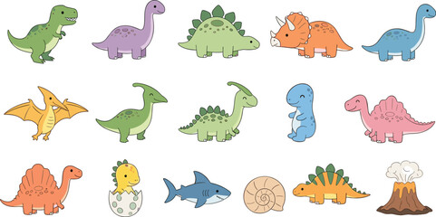 Cute dinosaur vector set with various prehistoric animals, cartoon dino characters including stegosaurus, triceratops and pterodactyl, colorful illustration collection for kids design © Mifta