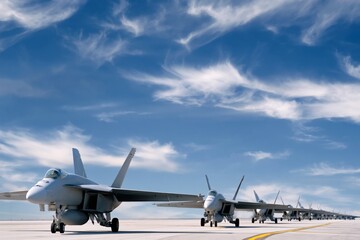 Fototapeta premium Fighter Jets Lined up on Runway Under Clear Sky During Daytime
