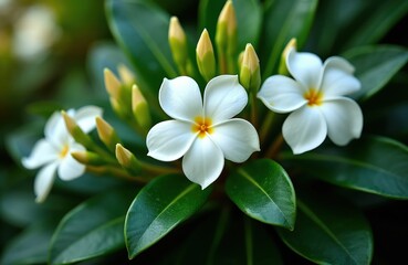 Fototapeta premium White gardenia flowers with yellow centers bloom on rich green plant. Buds tightly closed, waiting to open. Glossy dark leaves surround delicate petals, suggesting growth, natural beauty in garden