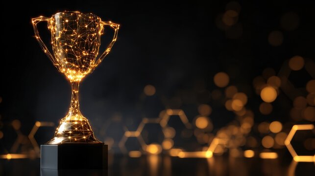 Digital glowing golden trophy cup with network connection nodes