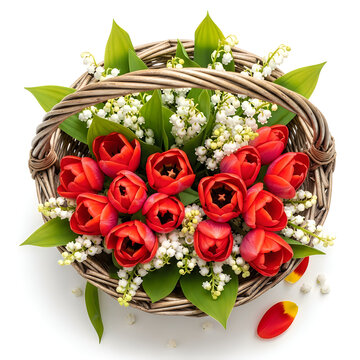 Vibrant red tulips in woven basket with white gypsophila isolated on white background