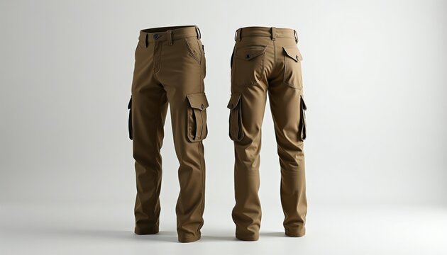 Khaki brown cargo pants feature multiple utility pockets. Slim fit trousers shown front and back view. Modern casual wear garment, practical design for everyday use.