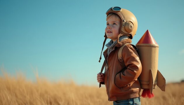 Young boy in pilot hat and jacket with rocket backpack dreams about flying. Kid with toy spaceship on back stands in dry grass field under clear blue sky.