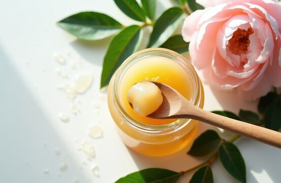 Jar with sugary paste for hair removal. Spoon lifts a dollop of depilatory substance. Peony flower and green leaves nearby suggest natural ingredients and spa experience.