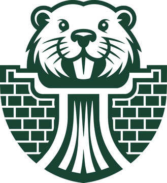 Beaver head mascot logo with a brick wall dam and 1 flat tooth in green minimalist vector style illustration