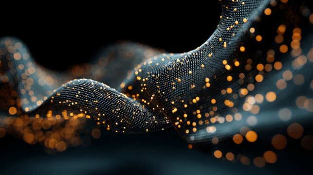 Cyber neural network with glowing particles and 3D distortions.