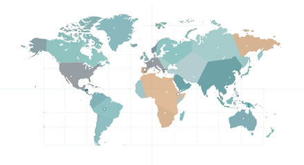 Fototapeta premium A colorful map of the world with various countries highlighted in different shades of blue and brown.