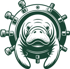 Manatee marine animal head and 2 flippers emerging from a round vintage ship's steering wheel vector © Pappu0099
